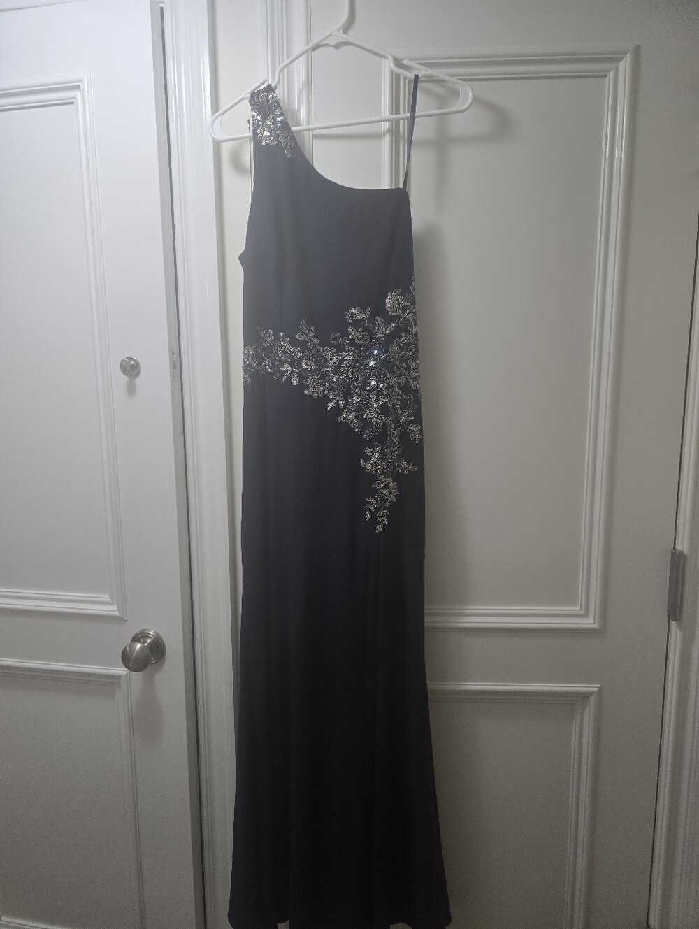 Petite Teresa Navy One Shoulder Beaded Appliqué Gown Size 10P